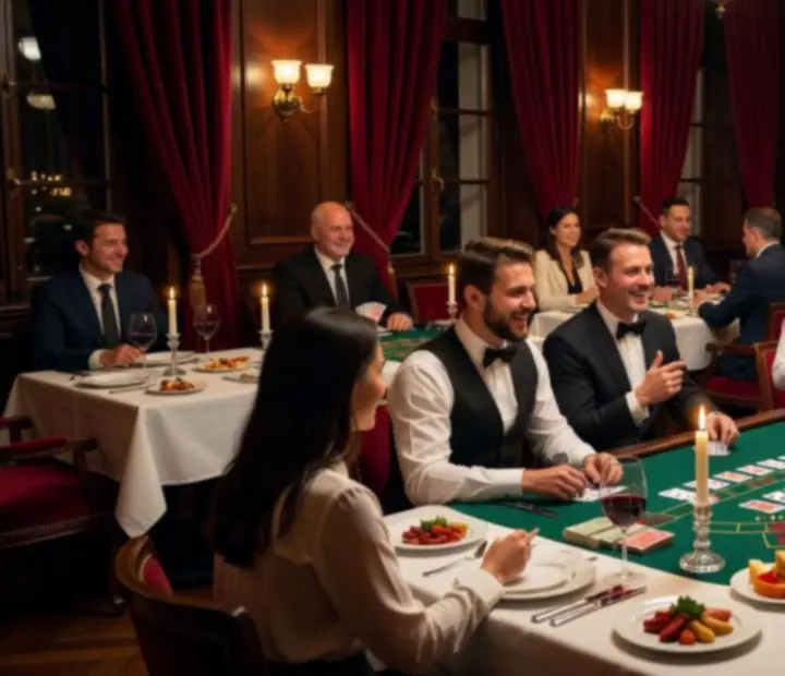 Elegáns, felnőtteknek szóló, offline casino-tematikus vacsoraest játékpénzes asztalokkal