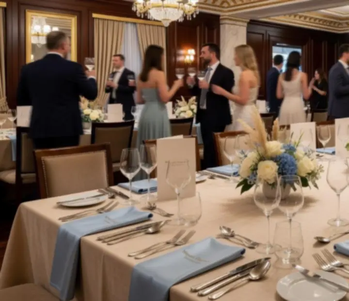 Céges gálavacsora hosszú, elegánsan terített asztalokkal.