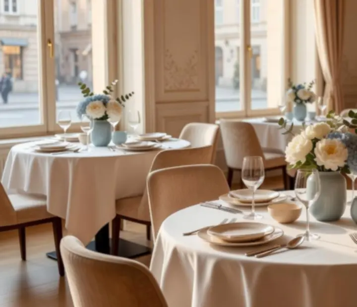 Napsütötte budapesti étterem fő tere, elegánsan megterített asztalokkal és mediterrán hangulattal.