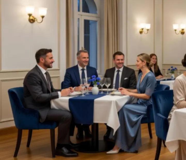 Elegáns éttermi enteriőr, vendégek stílusos, lezser-elegáns öltözetben