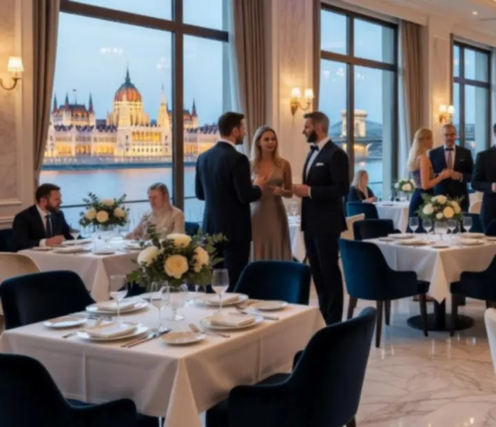 Elegáns, megvilágított éttermi tér Morq Elia rendezvény közben.