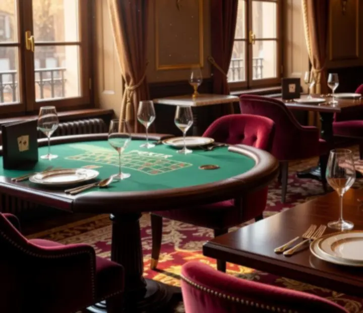 Elegáns budapesti étterem belső tér, mediterrán teríték és offline casino hangulatú asztalok meleg fényben.
