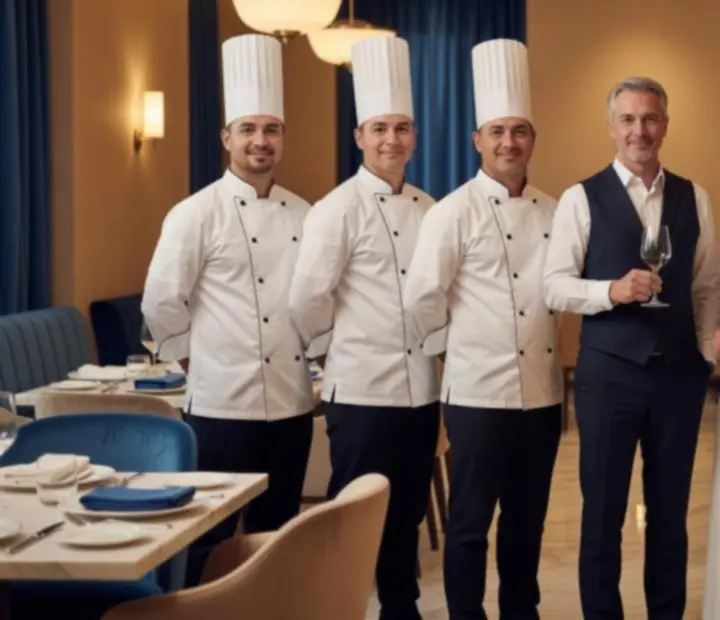 A Morq Elia séfjeiből, sommelier-iből és hostjaiból álló elegáns csapatcsoportkép az étterem belső terében.